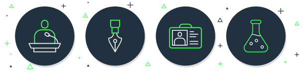 设置线条钢笔笔尖，识别徽章，讲课和试管图标。向量图片下载