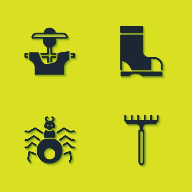 集稻草人，花园耙，蜘蛛和防水橡胶靴图标。向量图片下载