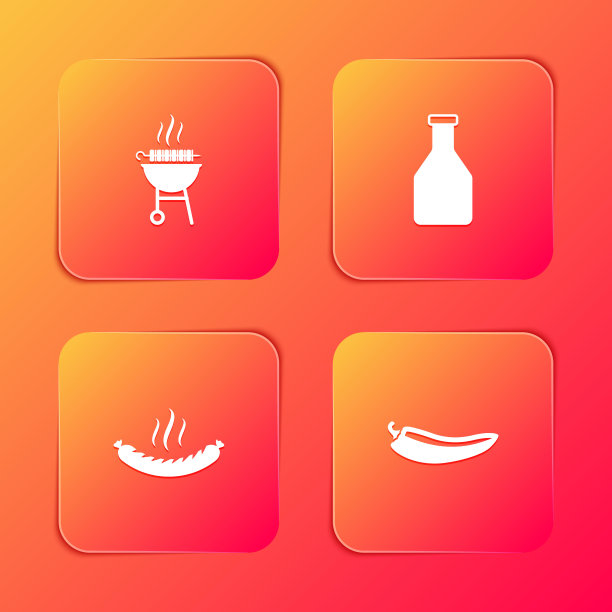 集烧烤烤羊肉串，番茄酱瓶，香肠和辣椒辣椒荚图标。向量图片下载