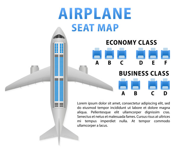 飞机座位图商务或经济舱的飞机和地点文字。商务和经济舱俯视图飞机信息地图。逼真的客机座椅。矢量图图片下载