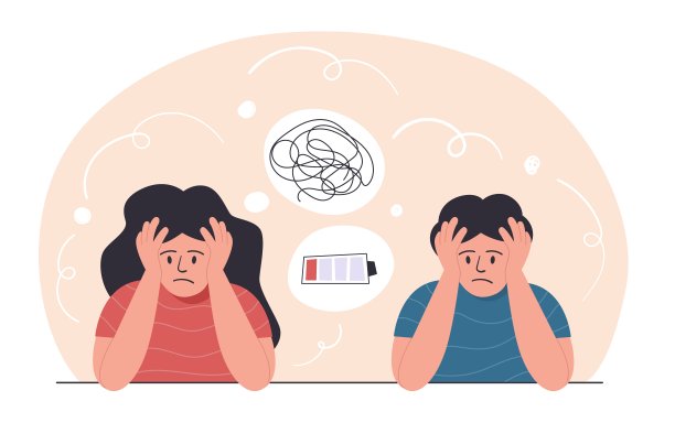 累人概念。年轻男女手牵着手，低能雇员，头脑混乱。工作上的困难、情绪上的倦怠和压力。糟糕的时间管理。矢量插图。图片下载