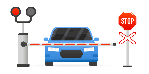 汽车到达了有障碍物的铁路道口。一辆停在铁路道口的轿车的正面照片。铁路护栏在封闭位置和道路上设有停车标志。矢量图图片下载