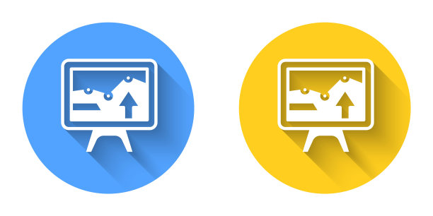 白色电脑显示器，图形图标与长阴影背景隔离。报告文本文件图标。会计的迹象。审计、分析、计划。圆按钮。向量图片下载