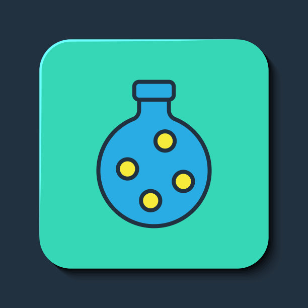 填充轮廓瓶与药水图标隔离在蓝色背景。装有魔法药水的烧瓶。万圣节派对快乐。绿松石方形纽扣。向量图片下载
