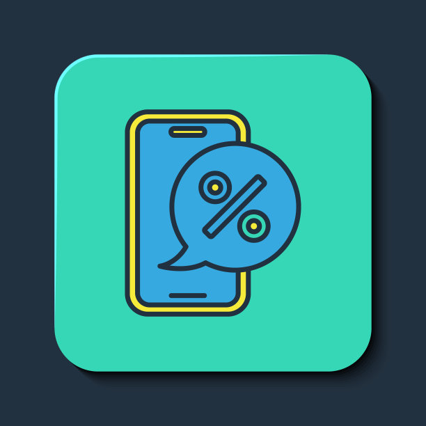 填充轮廓百分比折扣的手机图标孤立的蓝色背景。销售百分比-价格标签，标签。绿松石方形纽扣。向量图片下载