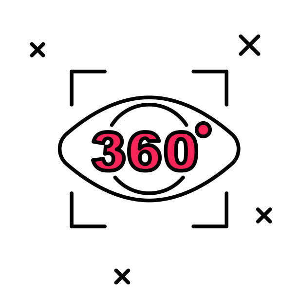 填充轮廓360度视图图标孤立的白色背景。虚拟现实。角度360度摄像头。全景照片。向量图片下载