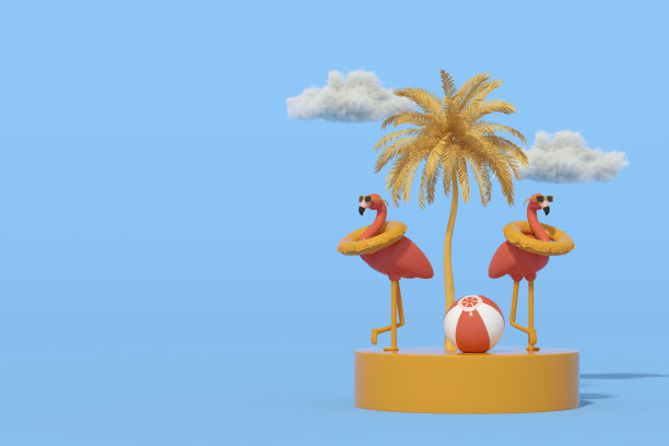 充气火烈鸟与太阳镜和游泳环在岛上最小的夏季旅游假期背景图片下载