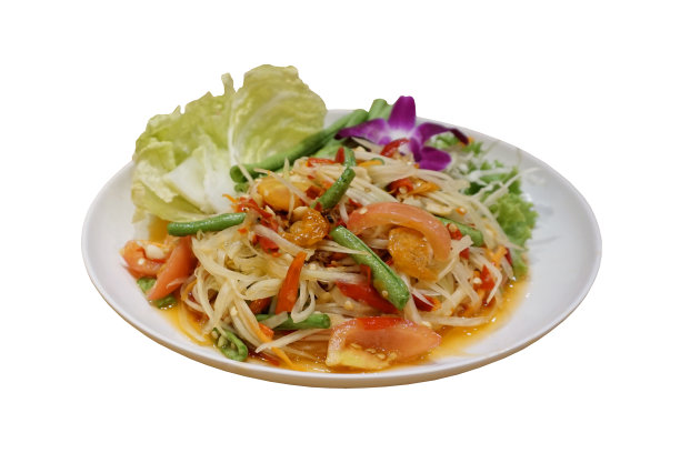 番木瓜沙拉或番木瓜沙拉辛辣的泰国菜孤立的背景。图片下载