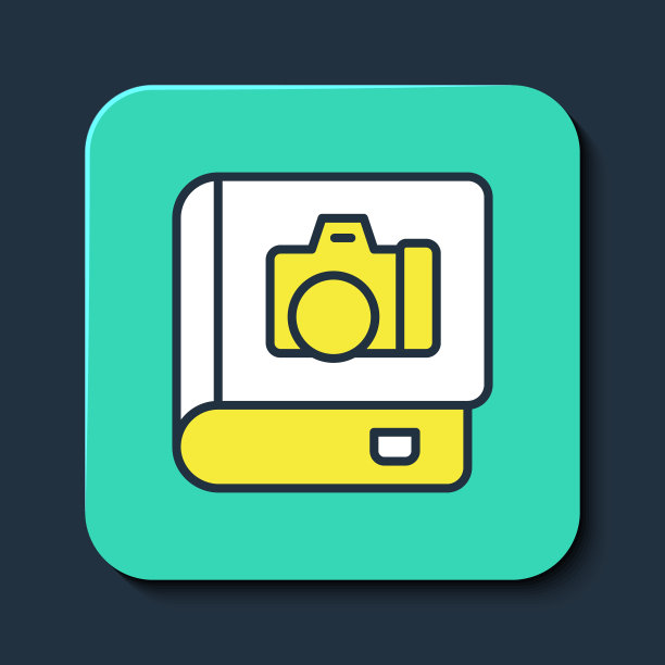 填充轮廓照片相册画廊图标孤立的蓝色背景。绿松石方形纽扣。向量图片下载