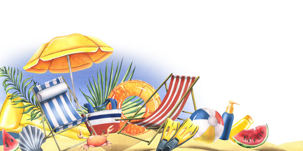 海边沙滩上有太阳躺椅，充气玩具，遮阳伞，热带棕榈叶。水彩插图，手绘。模板上的白色背景的邀请，卡片，海报，海滩和夏天。图片下载