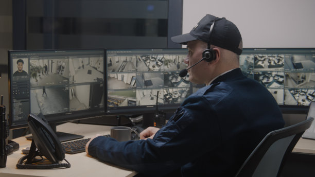 男人用电脑控制办公室的闭路电视摄像机图片下载