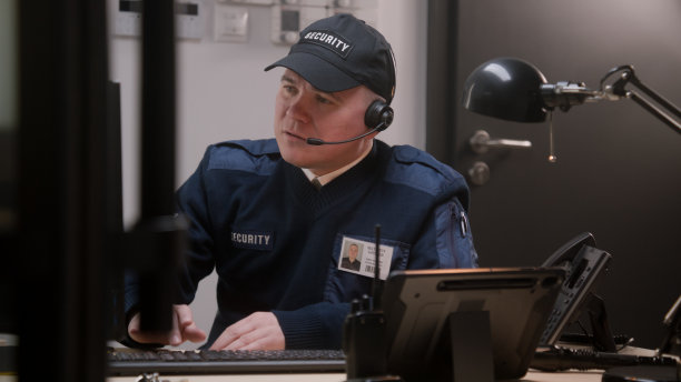 保安人员看着监视器，用对讲机讲话图片下载