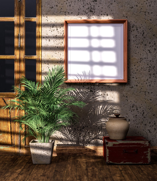 挂在老公馆墙上的方形相框。仿古复古风格的维多利亚室内房间与海报框架，3d渲染图片下载