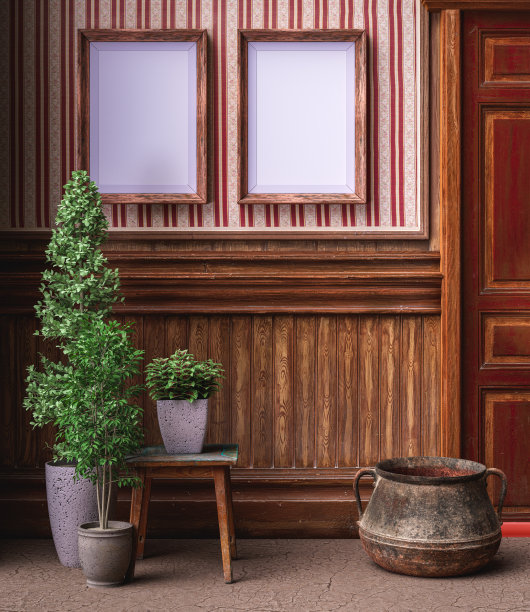 两个相框挂在一幢老公馆的墙上。仿古复古风格的维多利亚室内房间与海报框架，3d渲染图片下载