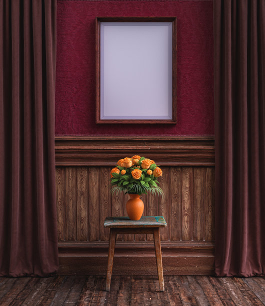 挂在老宅墙上的相框，古董维多利亚风格室内房间，带海报框的3D渲染图片下载