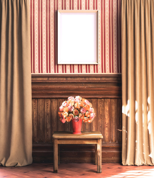 挂在老宅第墙上的相框。仿古复古风格的维多利亚室内房间与海报框架，3d渲染图片下载
