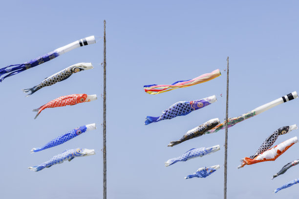 翁加河河床上随风飘扬的鲤鱼彩带图片下载