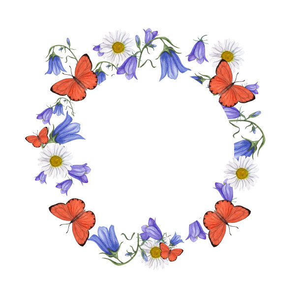 水彩花环与铃铃，雏菊，蝴蝶孤立在白色背景。花卉插图保存日期，情人节，生日和母亲节贺卡，婚礼邀请图片下载