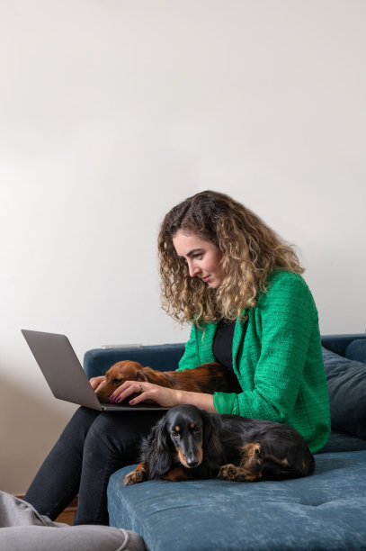 一位正在工作的妇女和两只腊肠犬图片下载