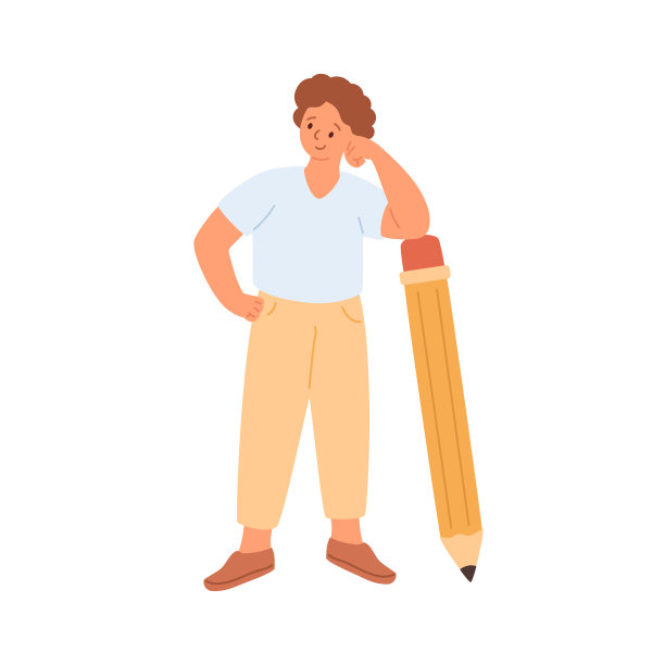 快乐的学生拿着巨大的铅笔站在那里。图片下载