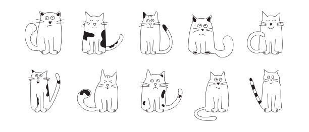 可爱的猫涂鸦，卡通动物，有趣的宠物，快乐的小猫字符手绘矢量图标。黑白喵星人系列。孩子们说明图片下载