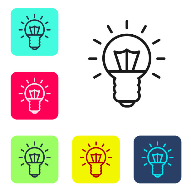 黑线灯泡与概念的想法图标孤立在白色背景。能量和思想的象征。灵感的概念。设置图标为彩色方形按钮。向量图片下载