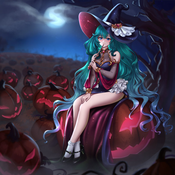 手绘动画女巫，长卷发，戴着大女巫帽，坐在巨大的杰克灯笼在万圣节的满月之夜在pubpkin田。图片下载