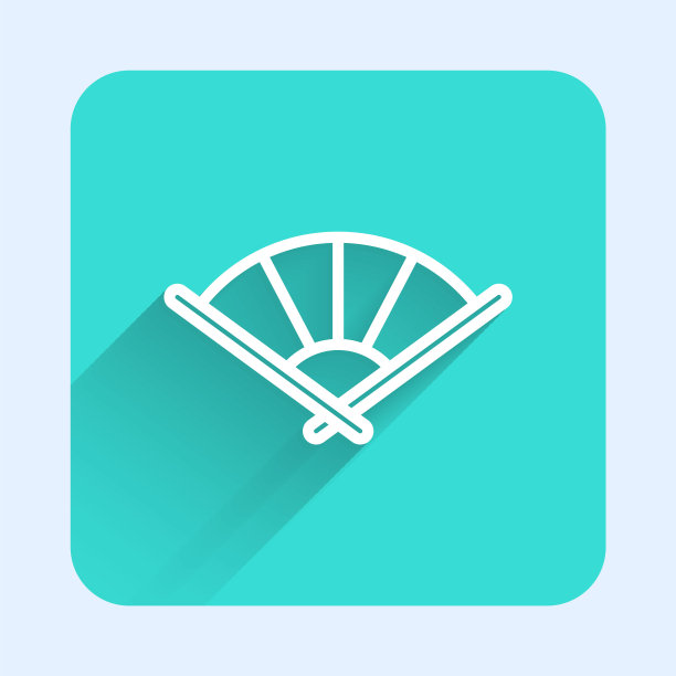 传统的中国或日本折扇图标与长阴影隔离。绿色方形按钮。向量图片下载