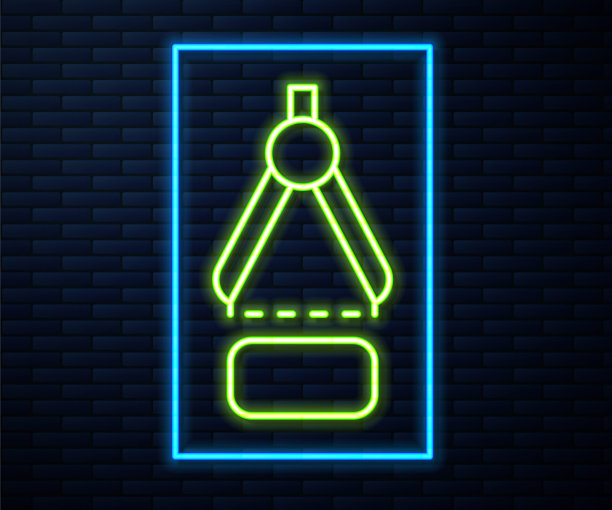 发光的霓虹灯线绘制罗盘图标孤立的砖墙背景。指南针的迹象。绘画和教育工具。几何工具。向量图片下载