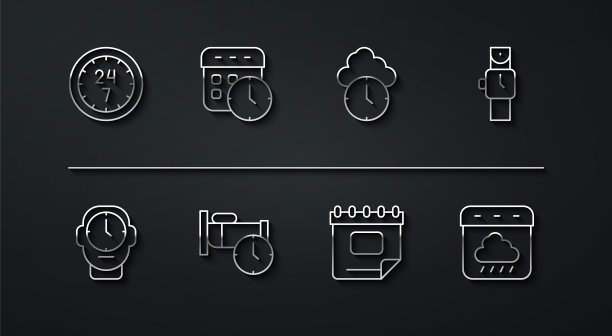 设置线时钟24小时，腕表，日历，时间睡觉，时钟，秋天和图标。向量图片下载