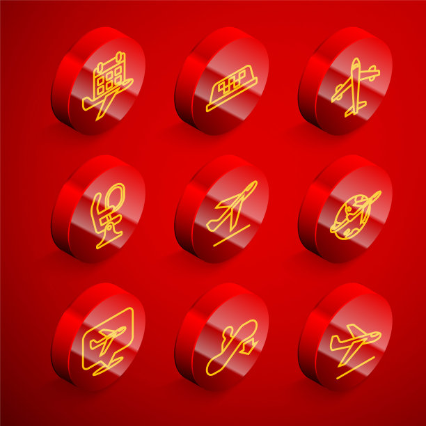 设置线日历和飞机，出租车车顶，飞机，飞机座位，起飞，环球飞行，和自动扶梯下降图标。向量图片下载