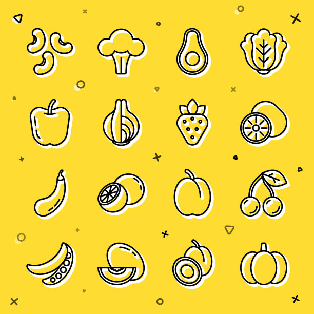 设置线南瓜，樱桃，猕猴桃，鳄梨，洋葱，苹果，豆类和草莓图标。向量图片下载