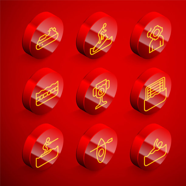 设置线喷气滑雪板，冲浪板，水，游泳池，奖杯，水球，滑雪男子和皮艇和划桨图标。向量图片下载