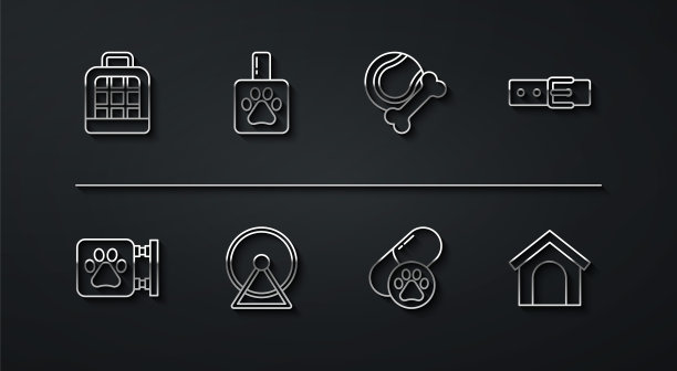 设置线宠物手提箱，兽医诊所，项圈与名牌，狗药丸，仓鼠轮，洗发水，房子和玩具骨橡胶和球图标。向量图片下载