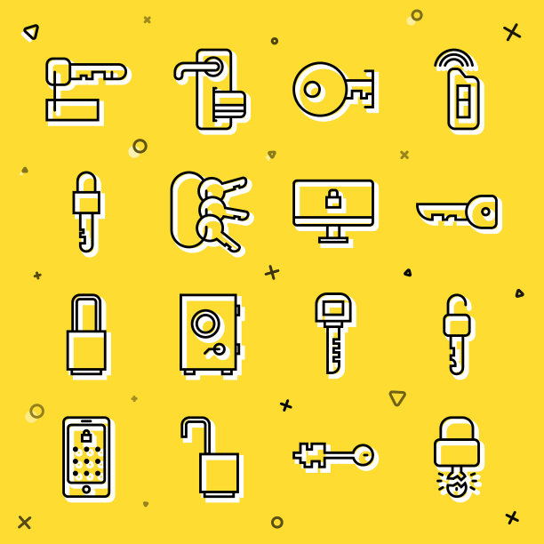 设置线路键打破挂锁内部，解锁钥匙，串钥匙，锁定，标记和计算机显示器上的图标。向量图片下载