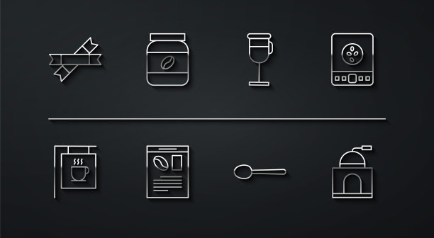 设置线糖棒包，街头招牌咖啡，电子秤，勺子，报纸和，咖啡罐瓶，手动研磨机和爱尔兰图标。向量图片下载