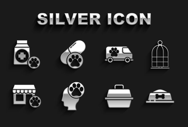 集人类与动物足迹，鸟笼，宠物食品碗，手提箱，兽医医院，救护车，袋和狗药丸图标。向量图片下载