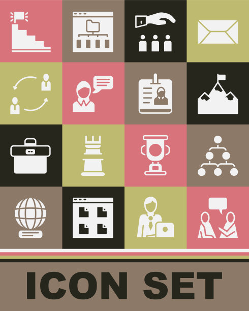 集两个坐着的人说话，层次结构图，山与旗，老板员工，语音气泡聊天，人力资源，楼梯完成和身份标识徽章图标。向量图片下载