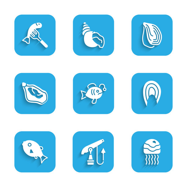 集热带鱼，捕鱼鱼叉，水母，牛排，贻贝，和盘子图标。向量图片下载