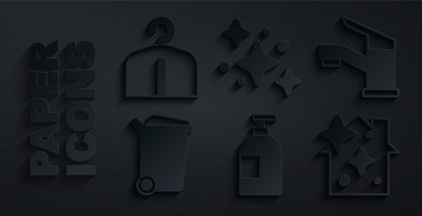 设置洗洁精瓶，水龙头，垃圾桶，家庭清洁服务，衣架衣柜图标。向量图片下载