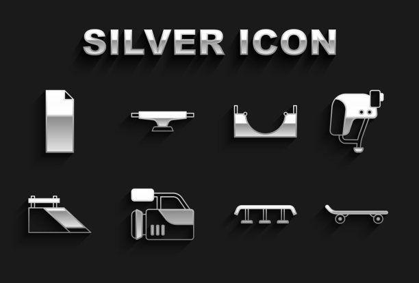 集电影摄像机，滑板头盔，楼梯与轨道，公园，抓地力胶带在滑板和车轮图标。向量图片下载