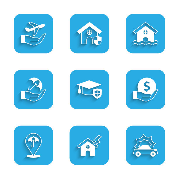 设置毕业帽与盾牌，房子和闪电，车祸，钱，伞，手，洪水和飞机的图标。向量图片下载