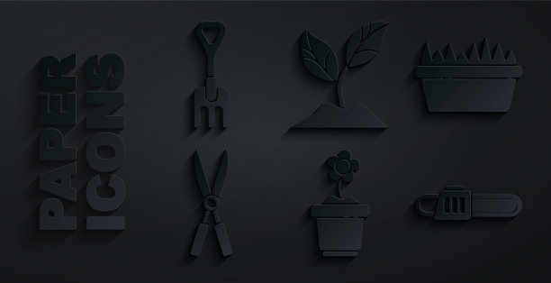 集花在花盆，新鲜的草一个矩形，园艺手工剪刀，电锯，植物和耙图标。向量图片下载