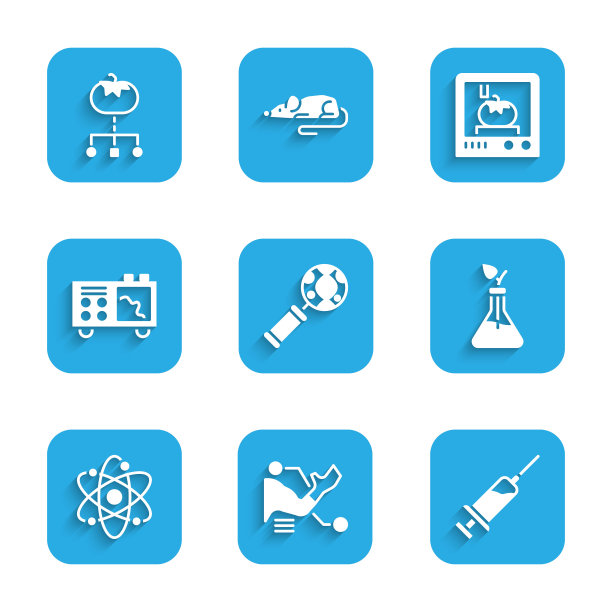 集DNA研究，搜索，假肢手，注射器，植物育种，原子，光谱仪，3D打印技术和转基因食品图标。向量图片下载