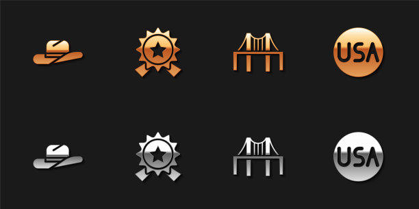 集西部牛仔帽，奖章与星，金门大桥和美国标签图标。向量图片下载