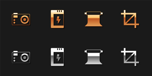 设置相机，电池为，空的照片工作室和图片裁剪图标。向量图片下载