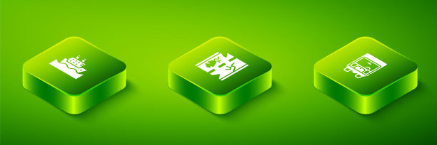 设置等距破碎的道路，货运卡车和邮轮图标。向量图片下载