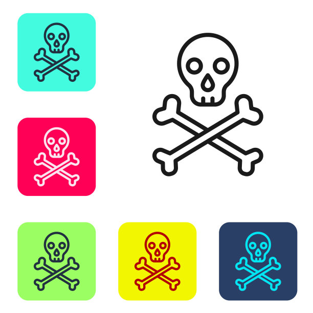 黑线骷髅在交叉骨图标隔离在白色背景。万圣节派对快乐。设置图标为彩色方形按钮。向量图片下载