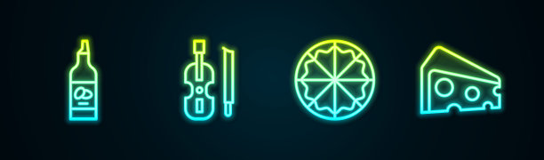 设置线瓶橄榄油，小提琴，比萨饼和奶酪。发光的霓虹灯图标。向量图片下载