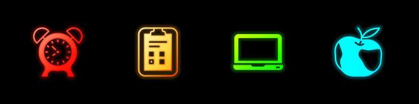设置闹钟，考试表与检查标记，笔记本电脑和苹果图标。向量图片下载
